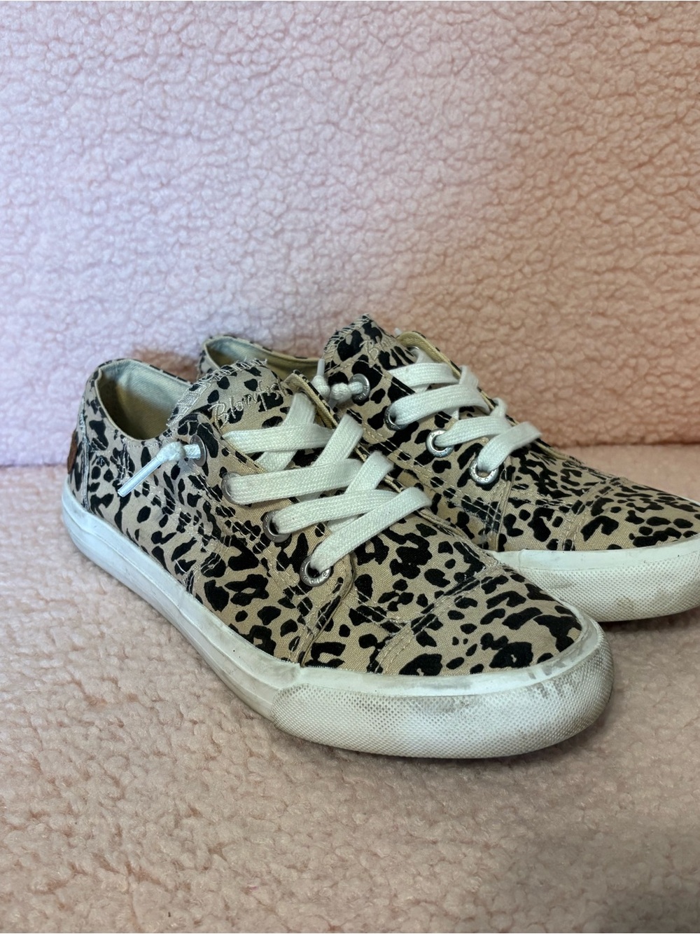 Blowfish Beige and Black Leopard Canvas Lace-Up Sneakers